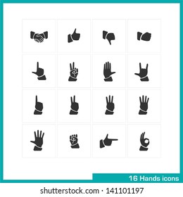 Hands gestures icon set. Vector black pictograms for web, mobile apps, interface design: handshake, like, thumb down, touch, fist, peace, palm, rock, one, two, three, four, five, pointing, ok symbol