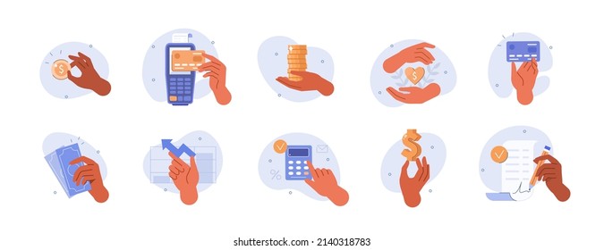 Hands gestures illustration set. Character hands holding money, credit card, bill, making donations and other financial activity. Finance occupations concept. Vector illustration.
