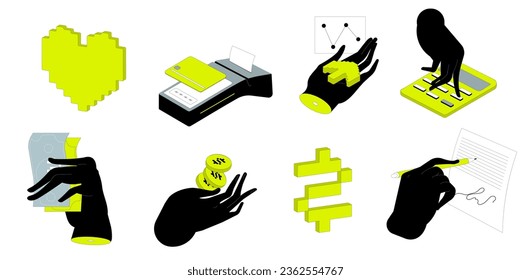Hands gestures illustration set. Character hands holding money, credit card, bill, making donations and other financial activity. Finance occupations concept. Vector illustration.