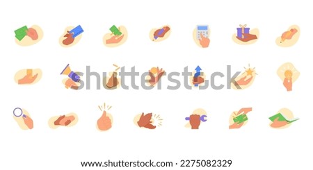 Hands gestures illustration set. Character hands making thumbs up, handshaking, holding smartphone, pencil and other business objects. concept. Vector illustration.