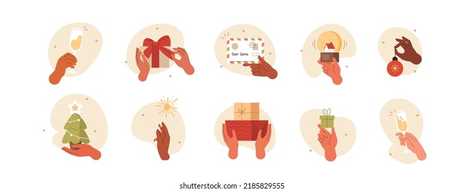 Hands gestures illustration set. Characters holding Christmas gifts, holiday decorations, sparkling wine glasses and Bengal lights. Merry Christmas and Happy New Year concept. Vector illustration. 