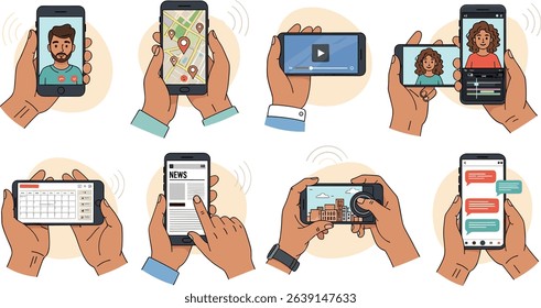 Hands gestures illustration set. Diverse people hands holding smartphones and using various apps like social media, chats and maps. Smartphone user activity concept