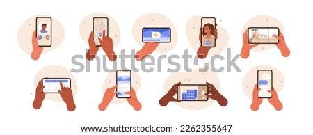 Hands gestures illustration set. Diverse people hands holding smartphones and using various apps like social media, chats and maps. Smartphone user activity concept. Vector illustration.