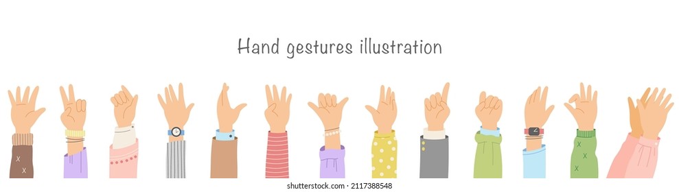 Hands gestures illustration set. Vector casual business pointers and markers like female and male rises up hands. Cartoon hands for partnership, corporate teamwork, successful and greeting gestures.