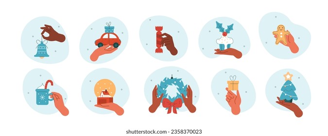 Hands gestures illustrations set. Characters hands holding seasonal gifts, holiday decorations and dishes. Merry Christmas and Happy New Year concept. Vector illustration