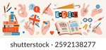 Hands gestures and learning English theme set. Human arms holding educational supplies, showing peace and OK sign, textbook and stationery. Trendy modern vector illustration, hand drawn, flat design