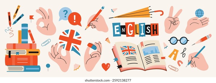 Hands gestures and learning English theme set. Human arms holding educational supplies, showing peace and OK sign, textbook and stationery. Trendy modern vector illustration, hand drawn, flat design