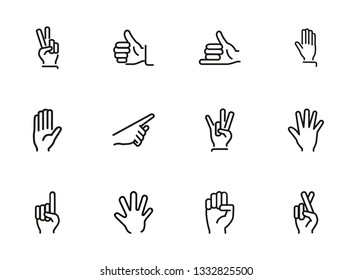 Hands with gestures line icon set. Thumbs up, pointing, ok sign. Gesture concept. Vector illsutration can be used for topics like communication, gesture language, social