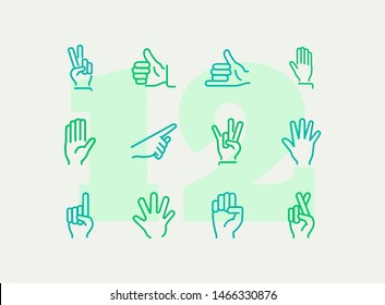 Hands with gestures line icon set. Thumbs up, pointing, ok sign. Gesture concept. Vector illsutration can be used for topics like communication, gesture language, social