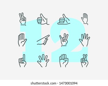 Hands with gestures line icon set. Thumbs up, pointing, ok sign. Gesture concept. Vector illsutration can be used for topics like communication, gesture language, social