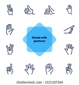 Hands with gestures line icon set. Thumbs up, pointing, ok sign. Gesture concept. Vector illsutration can be used for topics like communication, gesture language, social