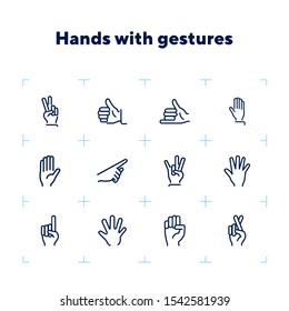 Hands with gestures line icon set. Thumbs up, pointing, ok sign. Gesture concept. Vector illsutration can be used for topics like communication, gesture language, social