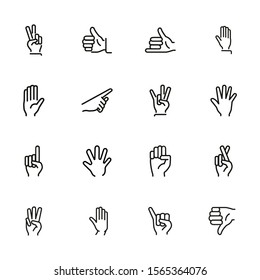 Hands with gestures line icon set. Thumbs up, pointing, ok sign. Gesture concept. Vector illsutration can be used for topics like communication, gesture language, social