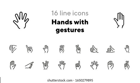 Hands with gestures line icon set. Thumbs up, pointing, ok sign. Gesture concept. Vector illsutration can be used for topics like communication, gesture language, social