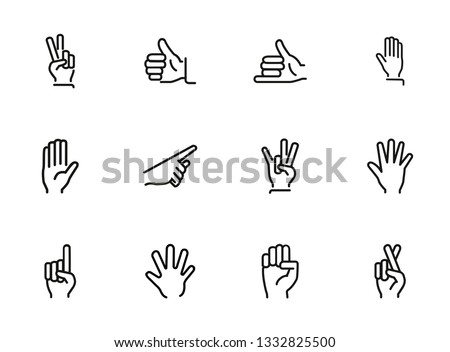 Hands with gestures line icon set. Thumbs up, pointing, ok sign. Gesture concept. Vector illsutration can be used for topics like communication, gesture language, social