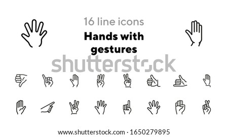 Hands with gestures line icon set. Thumbs up, pointing, ok sign. Gesture concept. Vector illsutration can be used for topics like communication, gesture language, social