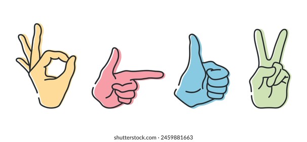 Hands with gestures OK, peace sign, thumb up and pointing index finger. Line icons set isolated on white background. Vector illustration