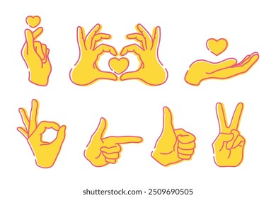 Hands with gestures OK, peace sign, thumb up, pointing index finger. Cupped hands, hand holding heart. Line icons. Vector illustration