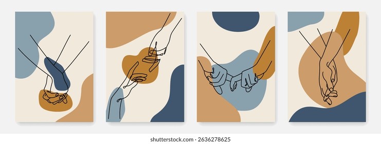 Hands Gestures One Line Drawing Wall Art Poster Set. Hands Couple Love Concept One Line Minimal Vector Drawing Trendy Minimalist Illustration. Not AI