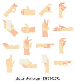Hands gestures. Pointing hand gesture, women hands and hold in hand vector cartoon illustration set