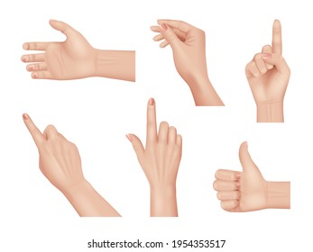 Hands gestures. Realistic human hands anatomy body parts palm and fingers decent vector hands collection isolated