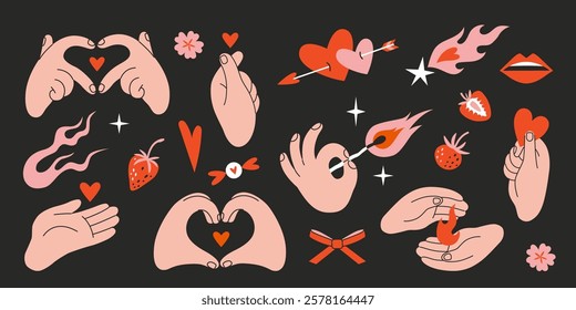 Hands gestures and Romantic objects set. Gesturing human arms making Heart shape, holding fire and a match. Happy Valentines Day concept. Trendy modern vector illustration, hand drawn, flat design