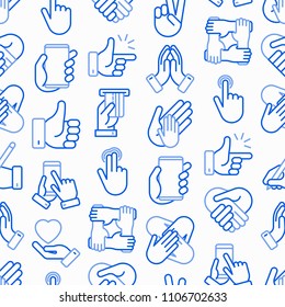 Hands gestures seamless pattern with thin line icons set: handshake, easy sign, single tap, 2 finger tap, holding smartphone, teamwork, mutual help, swipe, peace, prayer. Modern vector illustration.