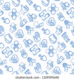 Hands gestures seamless pattern with thin line icons: handshake, easy sign, single tap, 2 finger tap, holding smartphone, teamwork, mutual help, insert credit card, swipe. Modern vector illustration.
