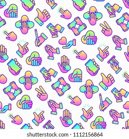 Hands gestures seamless pattern with thin line icons set: handshake, easy sign, single tap, 2 finger tap, holding smartphone, teamwork, mutual help, thumbs up, give love, peace. Vector illustration.