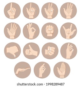 Hands gestures set, counting fingers. Vector of gesture fist and thumb up, forefinger pose, signal pointing, position show ok illustration, approval and counting