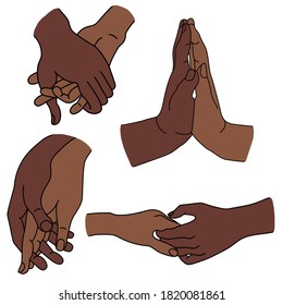 Hands and gestures. Set of different gestures - 2 hands dark skin, ethnicity. The female palm is attached to the male palm and gently touches, strokes and holds. Isolated. Colored vector illustration