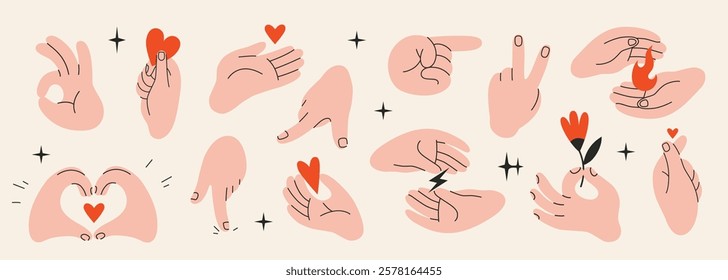 Hands gestures set. Gesturing human arms holding Heart, fire and flower, showing peace and OK sign, indicating the direction. Trendy modern vector isolated illustration, hand drawn, flat design