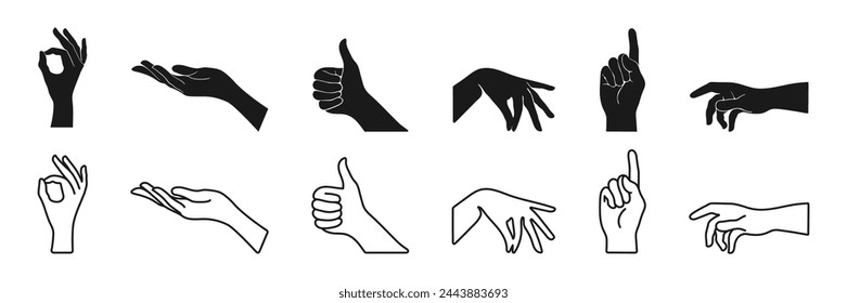 Hands gestures set. Various hands gestures. Vector illustration.