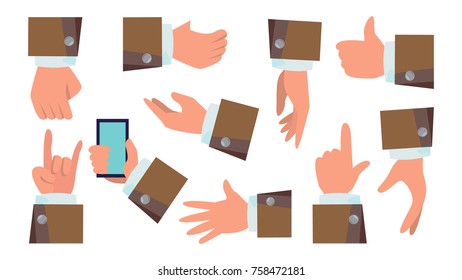 Hands Gestures Set Vector. Businessman Hands. Different Action Poses. Flat Cartoon Isolated Illustration