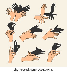 Hands gestures shadow. Antique gaming puppets from hands different theatral action animals bear rabbit birds recent vector symbols