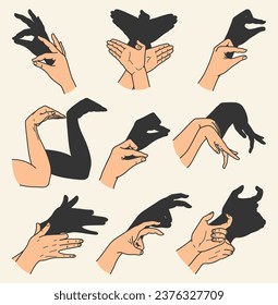 Hands gestures shadow set. Gaming animal puppets from hands. Light shade imagination ingenious. Hand play theatrical puppet. Vector cartoon illustration