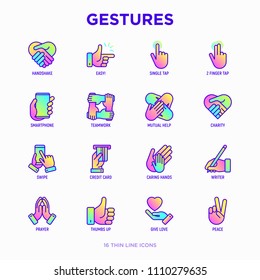 Hands gestures thin line icons set: handshake, easy sign, single tap, 2 finger tap, holding smartphone, teamwork, mutual help, swipe, insert credit card, prayer. Modern vector illustration.