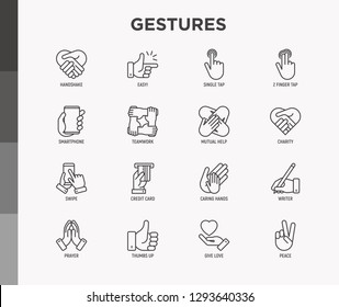 Hands gestures thin line icons set: handshake; easy sign; single tap; 2 finger tap; holding smartphone; teamwork; mutual help; swipe; insert credit card; prayer. Modern vector illustration.