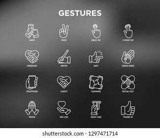 Hands gestures thin line icons set: handshake, easy sign, single tap, 2 finger tap, holding smartphone, teamwork, mutual help, swipe, insert credit card, prayer. Modern vector illustration.