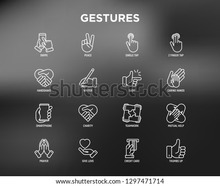 Hands gestures thin line icons set: handshake, easy sign, single tap, 2 finger tap, holding smartphone, teamwork, mutual help, swipe, insert credit card, prayer. Modern vector illustration.