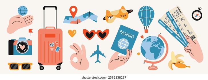 Hands gestures and travel themed items like suitcase, tickets, map and sunglasses. Tourism and vacation planning concept. Trendy modern vector illustration, hand drawn, flat design