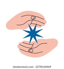 Hands gestures, two palms carefully hold the star between themselves. Gesturing human arms. Trendy modern vector illustration isolated on white background, hand drawn, flat design