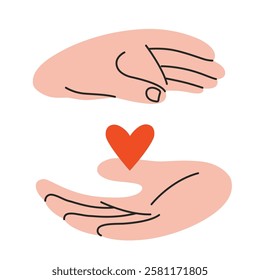 Hands gestures, two palms carefully hold the heart between themselves. Gesturing human arms. Trendy modern vector illustration isolated on white background, hand drawn, flat design