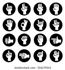 Hands gestures vector icons set in black and white. Communication symbol illustration.