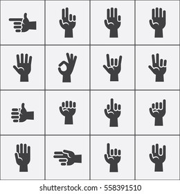 Hands gestures vector icons set in black and white. Illustration of thumb and touch.