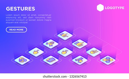 Hands gestures web page template with thin line isometric icons: handshake, easy sign, single tap, 2 finger tap, holding smartphone, swipe. Modern vector illustration.