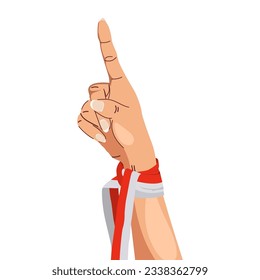 hands gesturing pointing on something wearing Indonesian red and white ribbon. Indonesia's independence 17 agustus 1945