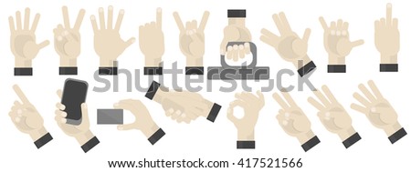 Hands gesturing set on white background. Shaka, holding a phone, card, handshaking, peace and victory pointing, rock, vulcan salute gesturing. Counting.