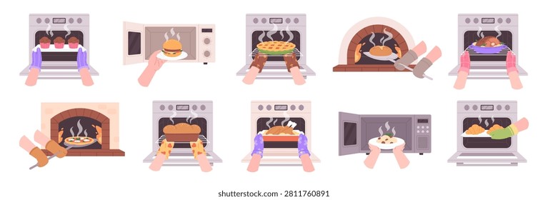 Hands get food from oven. Chefs and housewives cooking different meals in kitchen gloves. Italian pizza, bread, croissants, burger, turkey with potatoes, racy vector set