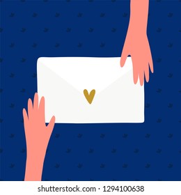 Hands get love letter hand drawn vector illustration